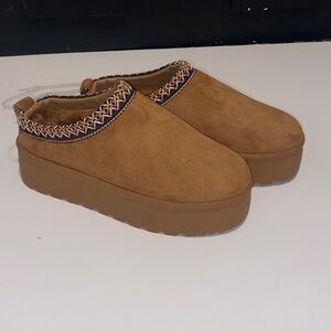 Women's Tan Platform Slip-On Clog Mules with Braided Collar